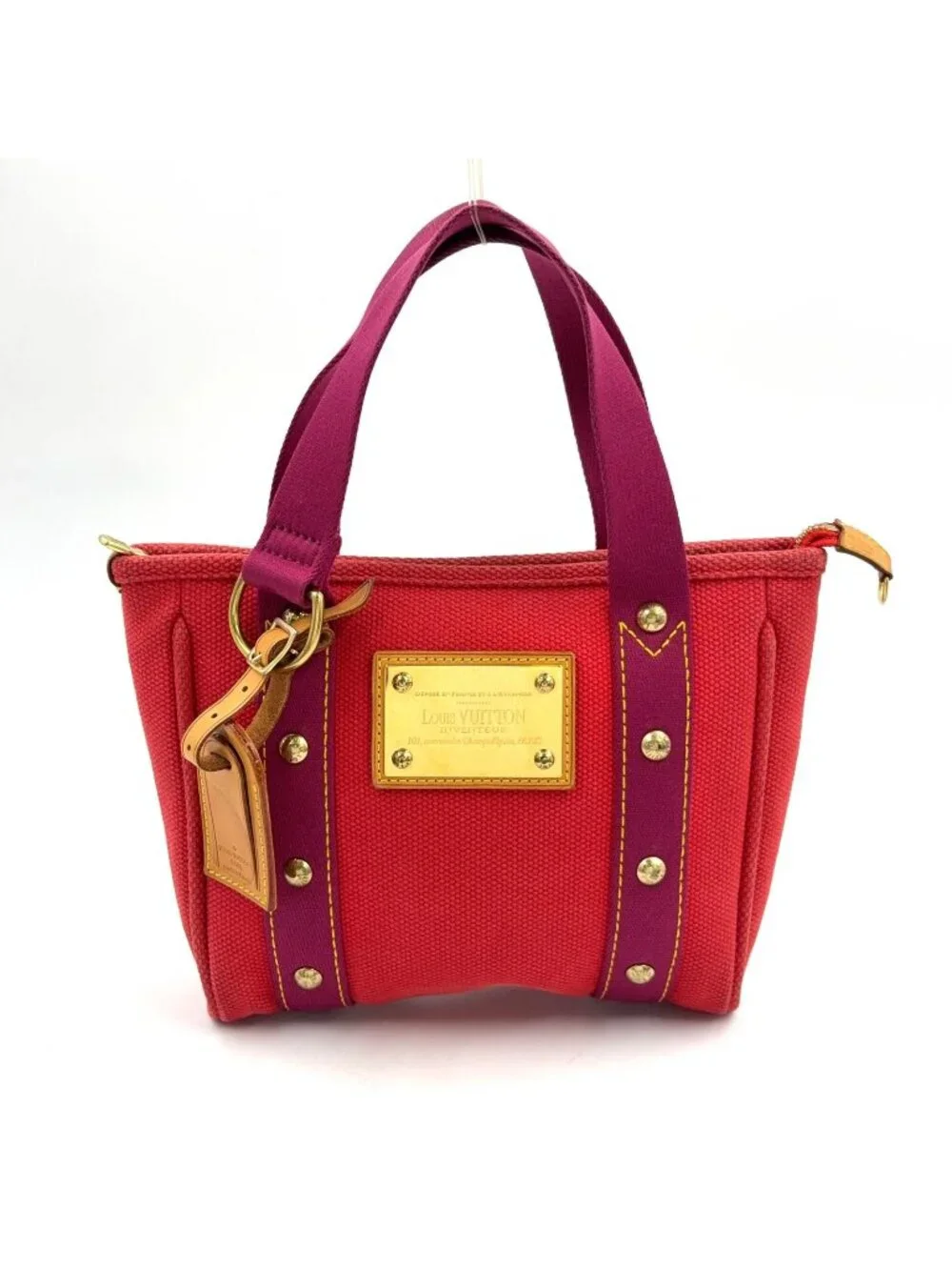 Louis Vuitton Cabas PM Antigua Leather Canvas Purple Light Brown Red Tote Gold
